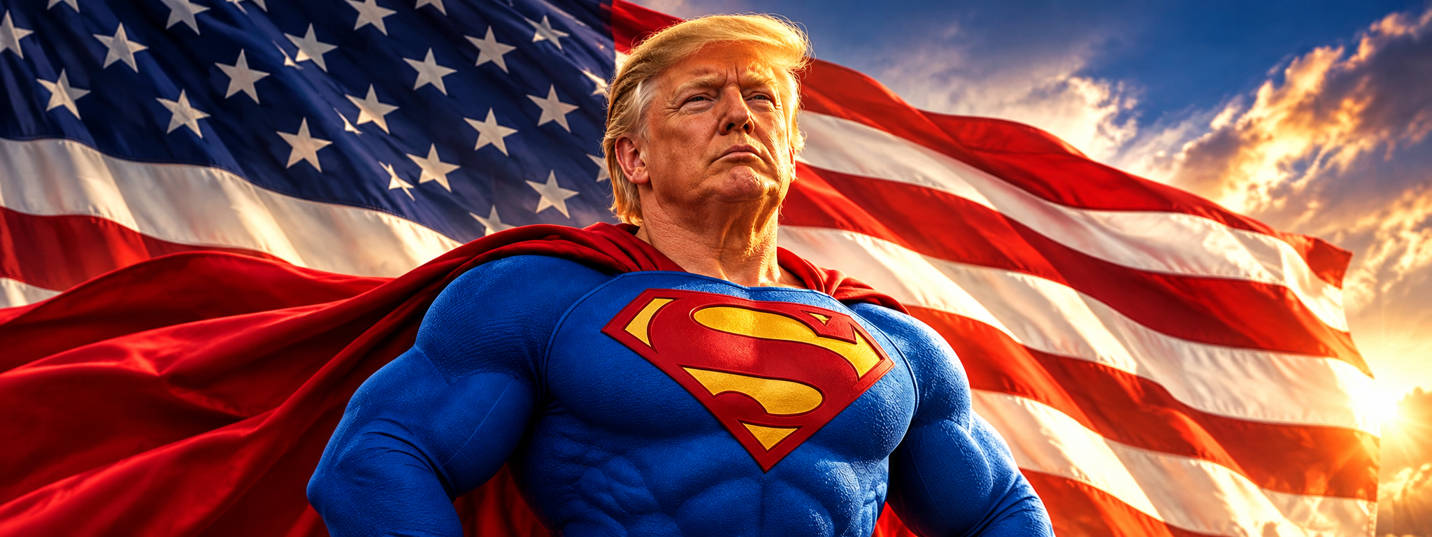 Super President before a waving American flag